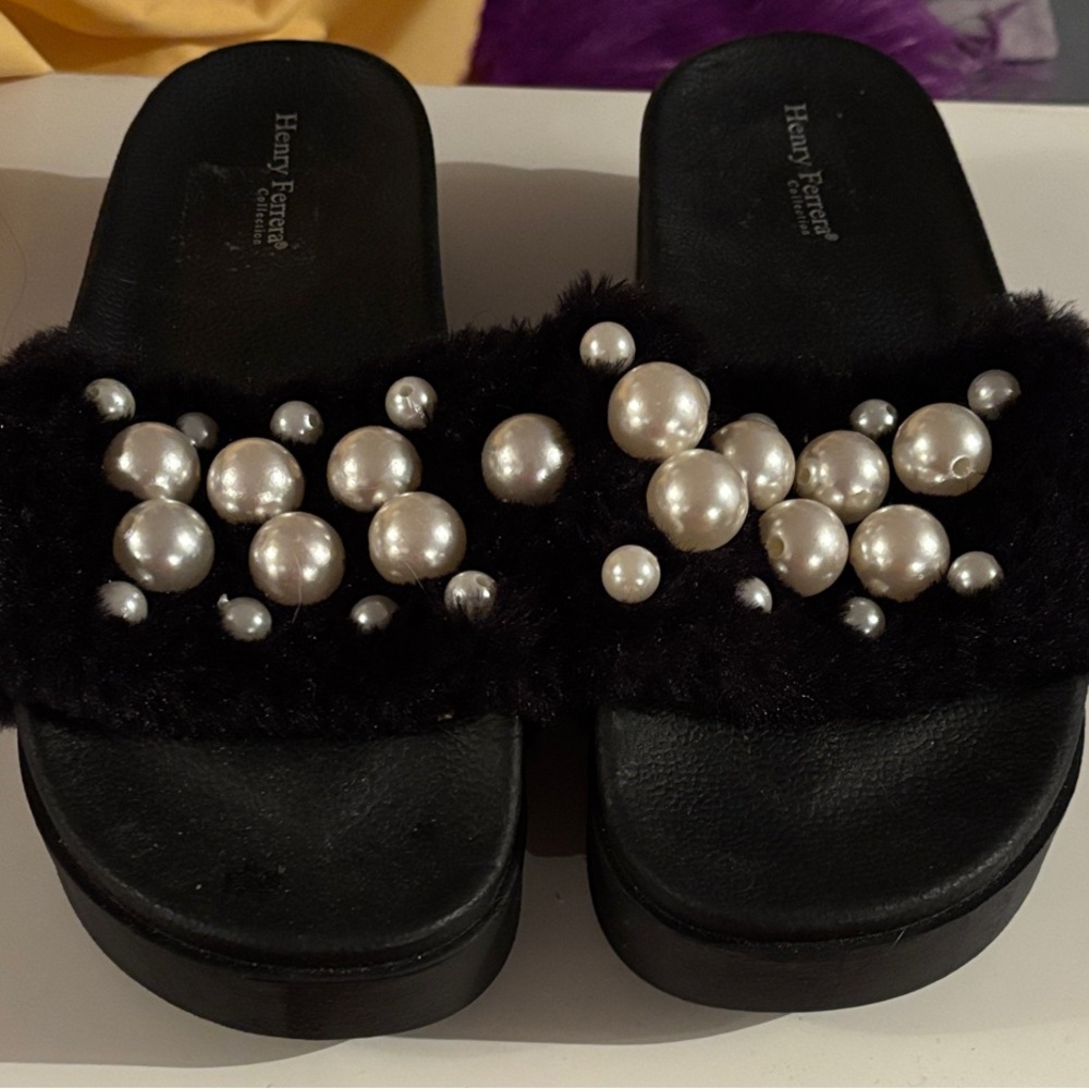 Henry Ferrera Black Furry Slides with Pearl Accents